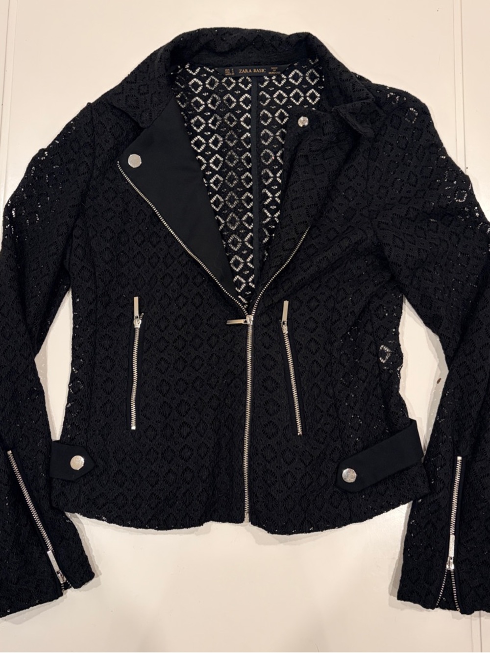 Zara Black Crochet Lace Moto Jacket with Silver Hardware Grunge Size Small